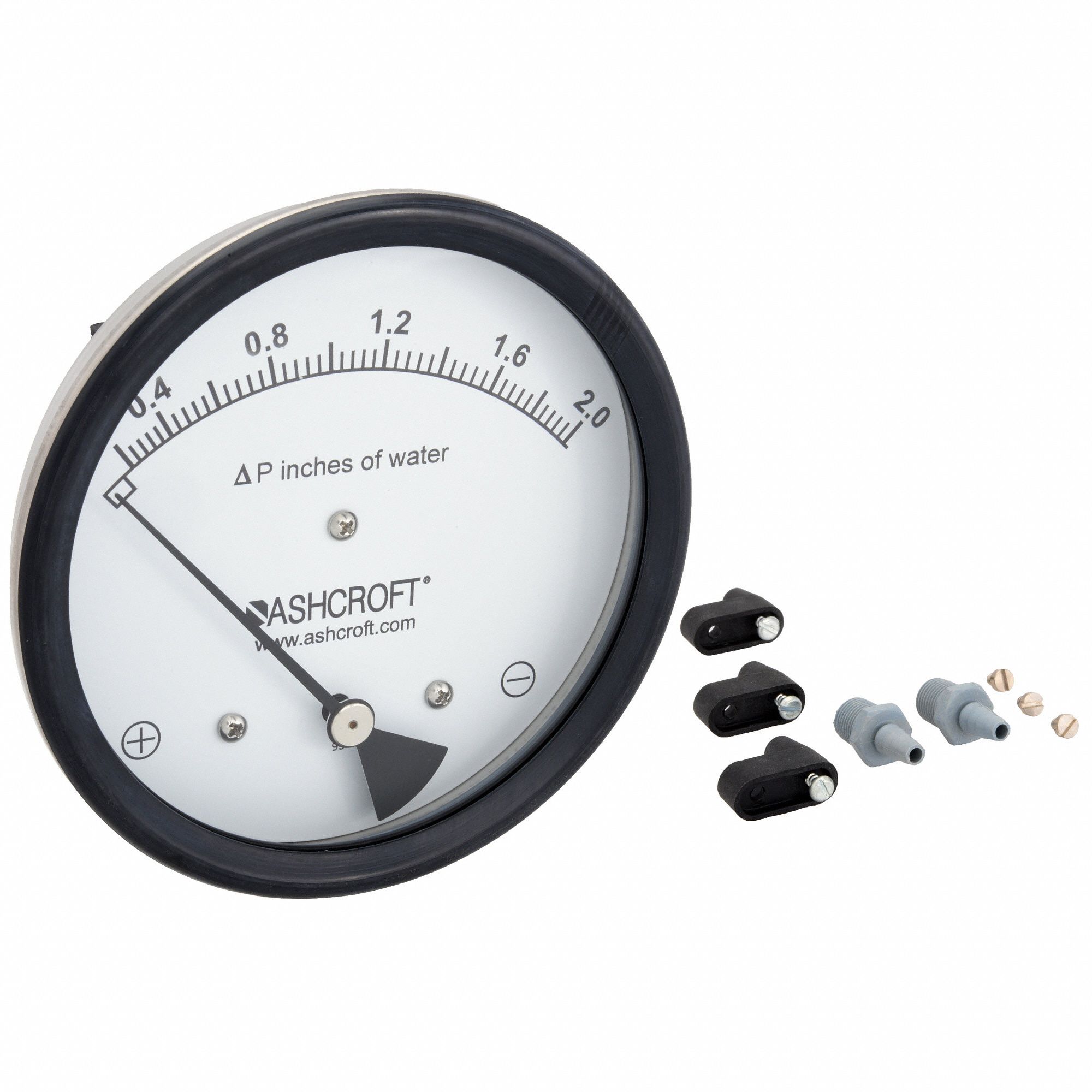 ASHCROFT 1/8 in FNPT Differential Pressure Gauge with 5 in Dial, 0 to 2 in wc, Glass Filled