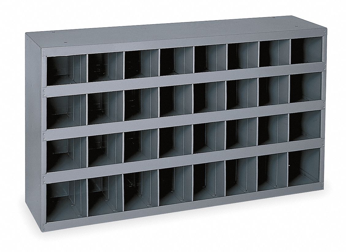 PIGEONHOLE BIN UNIT, 34 IN X 12 IN X 18 IN, 32 COMPARTMENTS, 4 IN X 12 IN X 4½ IN