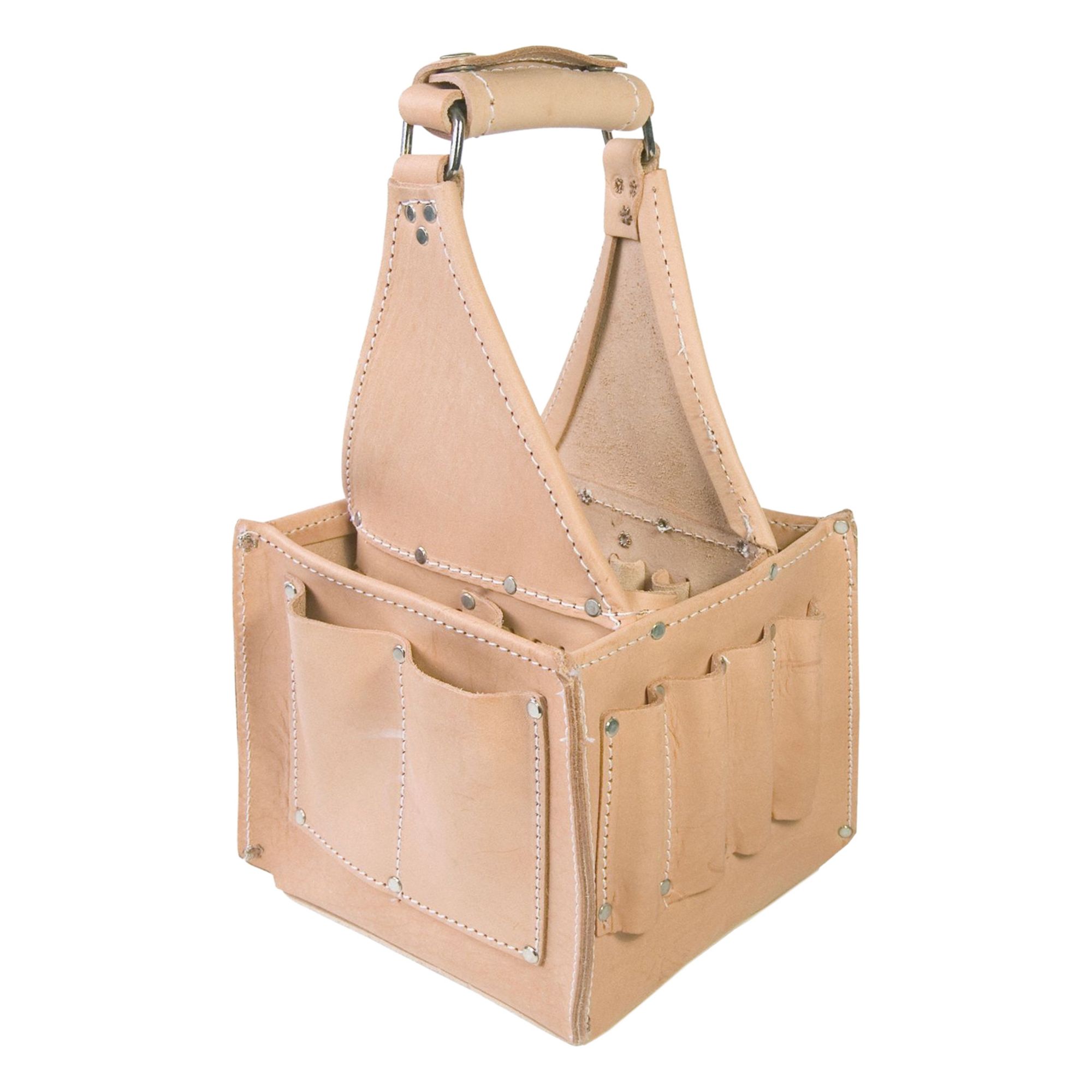 Tool Tote: 8 1/2 in W x 8 1/2 in D x 15 in H, Tan, Leather, 17 Pockets, 5 Inside Pockets