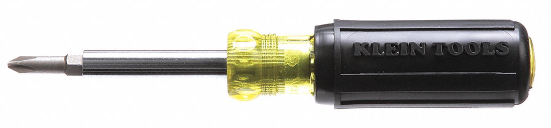Multi-Bit Screwdriver: Phillips/Slotted Tip, #1/1/4 in/#2/3/16 in Tip Size, 4 Tips