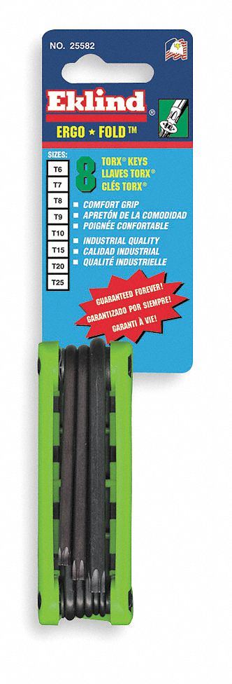 Torx Key Set: Short, 1 Pieces, T10/T15/T20/T25/T6/T7/T8/T9 Tip Size, Std End, Organizer, Torx