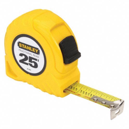 Stanley Tape Measure: 25 ft Tape Lg, 1 in Tape Wd, Plastic Case, Polymer, 7 ft Standout Lg, Auto, Yellow Tape, SAE, inch