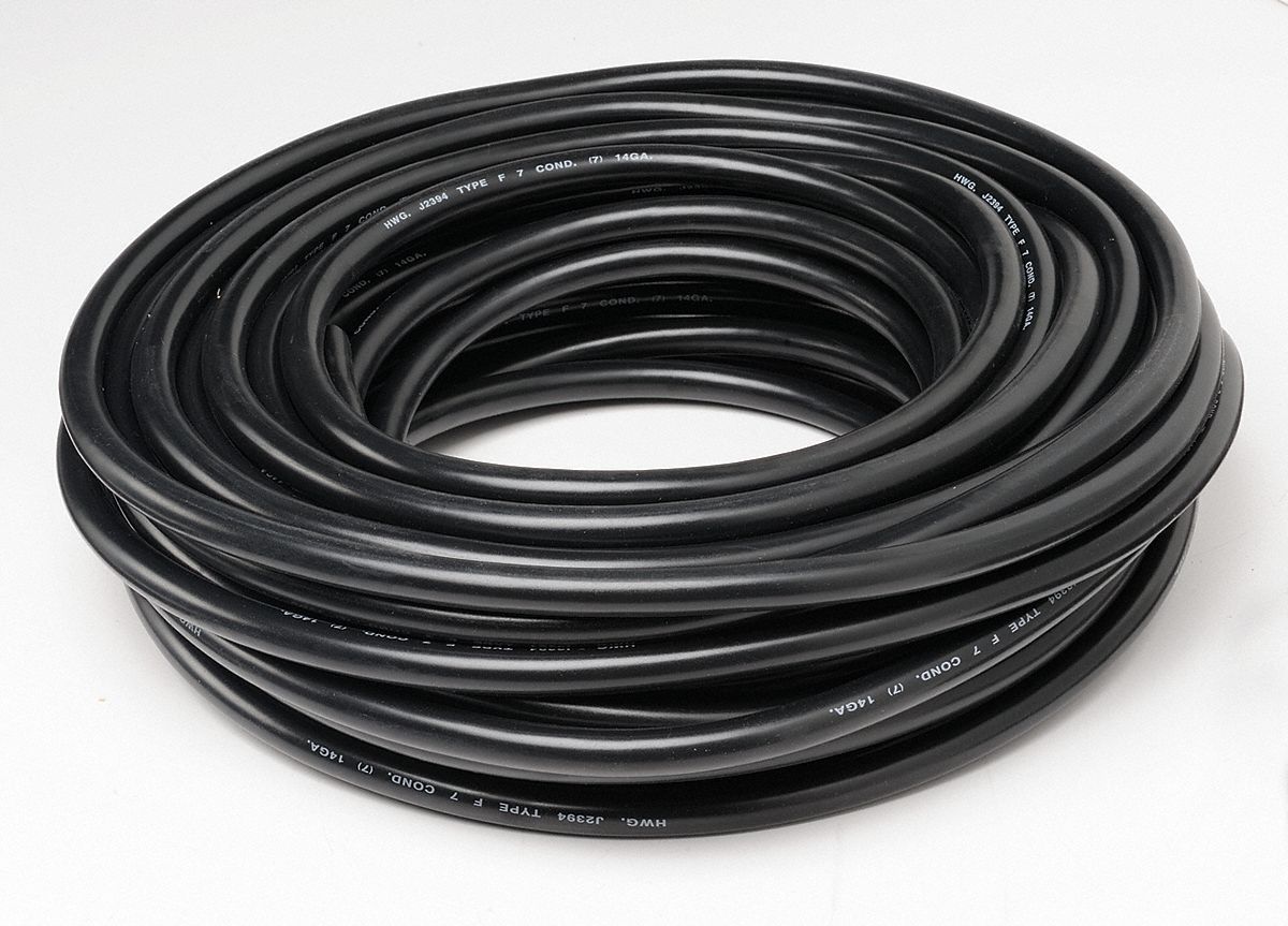 Trailer Cable, Number of Conductors 7, 14 ga, Rubber, 100 ft, Black