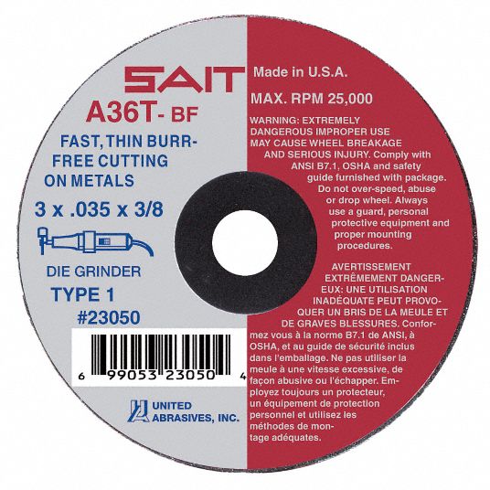 UNITED ABRASIVESSAIT Abrasive CutOff Wheel 3 in Abrasive Wheel Dia