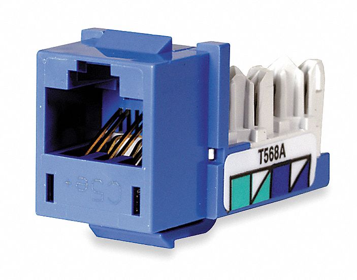 MODULAR JACK, 1-PUNCH, CATEGORY JACKS, 1 PORT, BLUE, CAT 5E, COPPER, BLUE