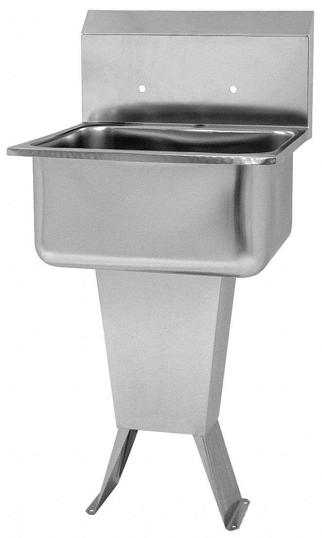 Hand Sink: 41 1/2 in Overall Ht, 19 in Bowl Lg, 10 in Bowl Dp, 2 Faucet Holes, 18 ga