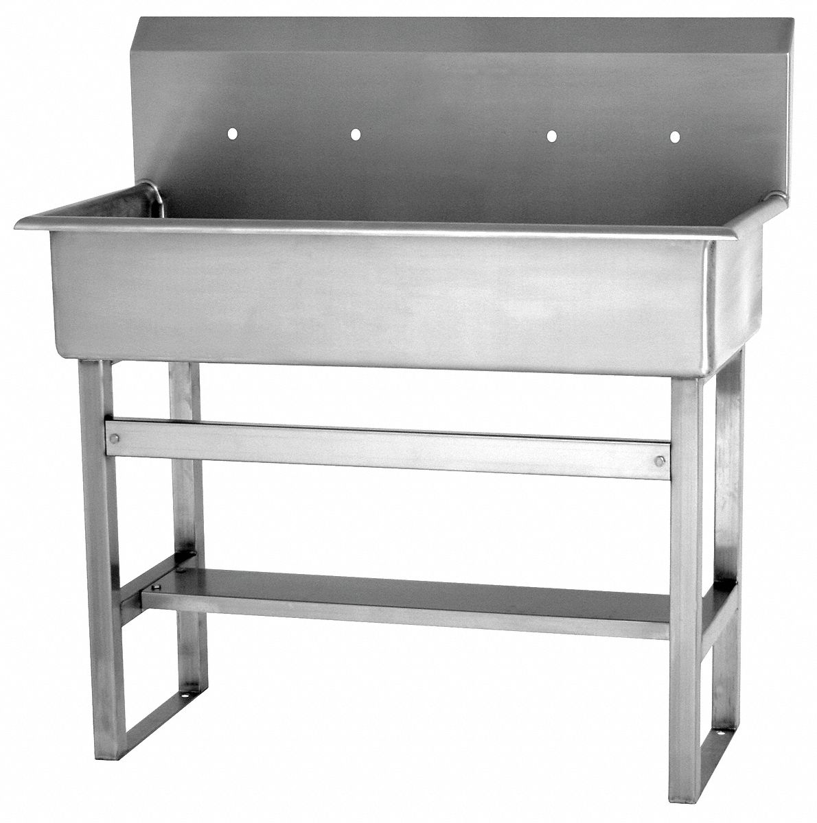 Wash Station: 45 in Overall Ht, 37 in Bowl Lg, 8 in Bowl Dp, 4 Faucet Holes, 16 ga