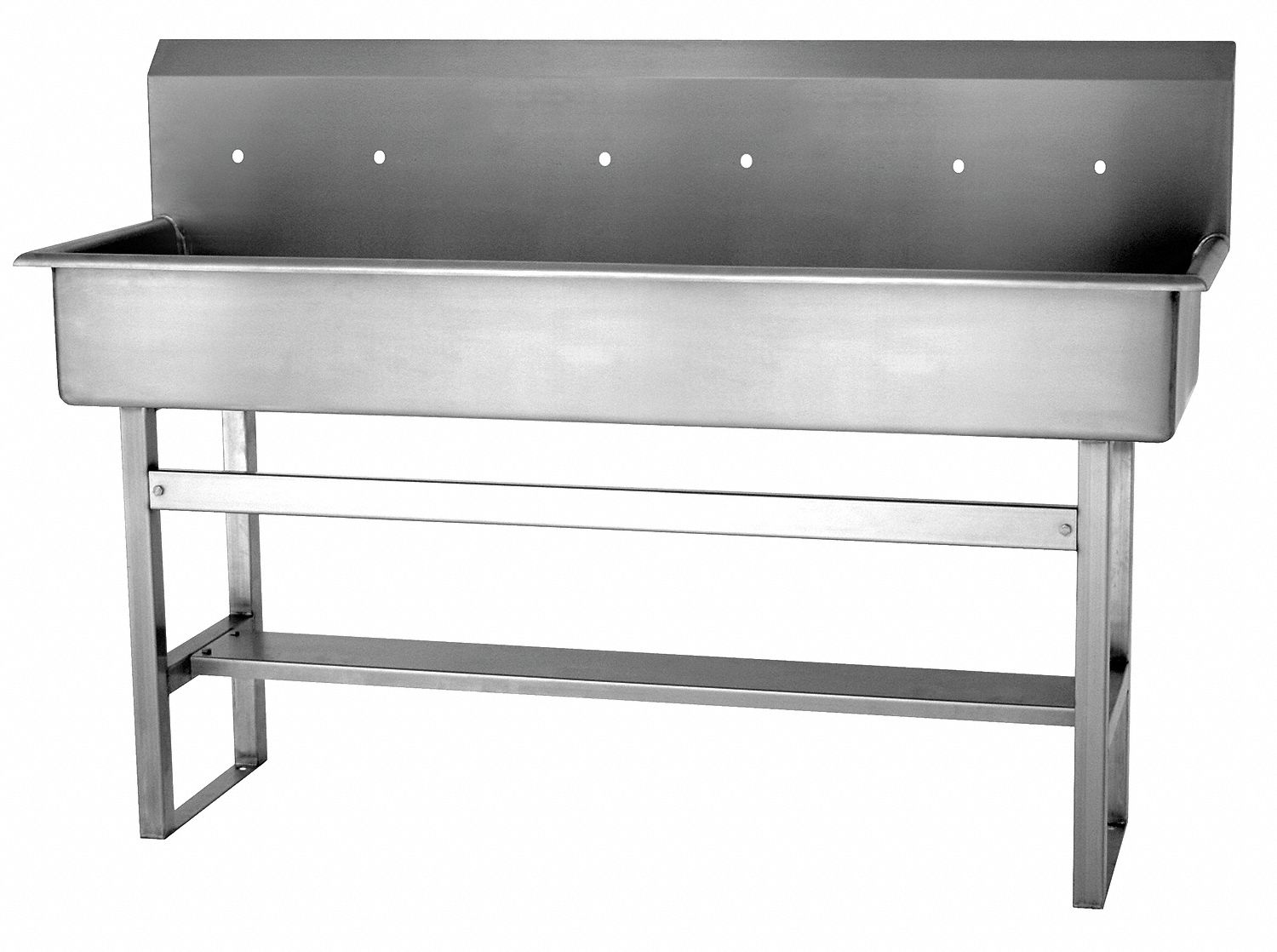 Wash Station: 45 in Overall Ht, 57 in Bowl Lg, 8 in Bowl Dp, 6 Faucet Holes, 16 ga