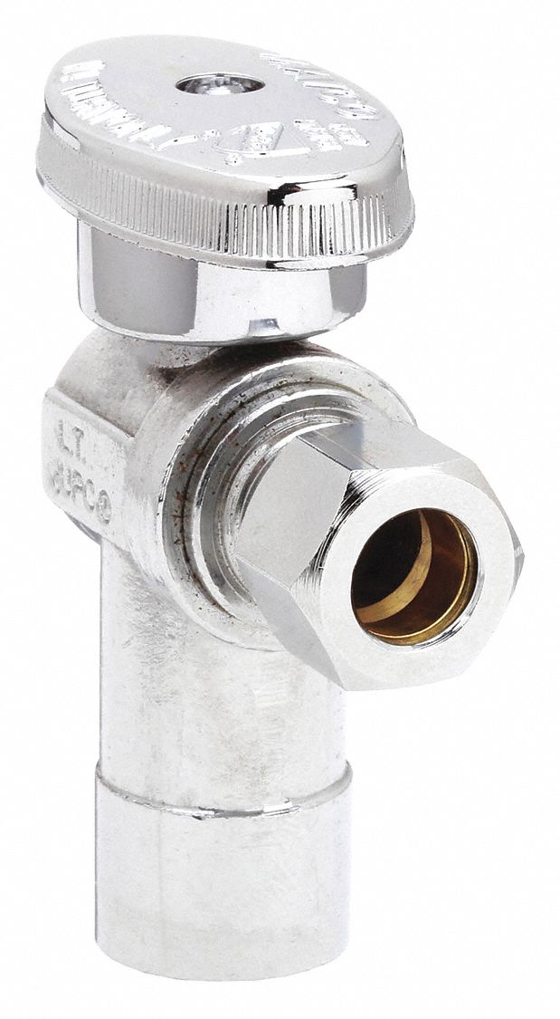 WATER SUPPLY STOP: ½ IN SWEAT, ⅜ IN COMPRESSION, CHROME-PLATED BRASS, ANGLE BODY