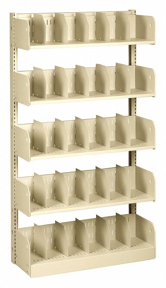 Divider Library Shelving: Single Face Starter, 5 Shelves, 66 in Ht, 36 in Wd, 10 in Nominal