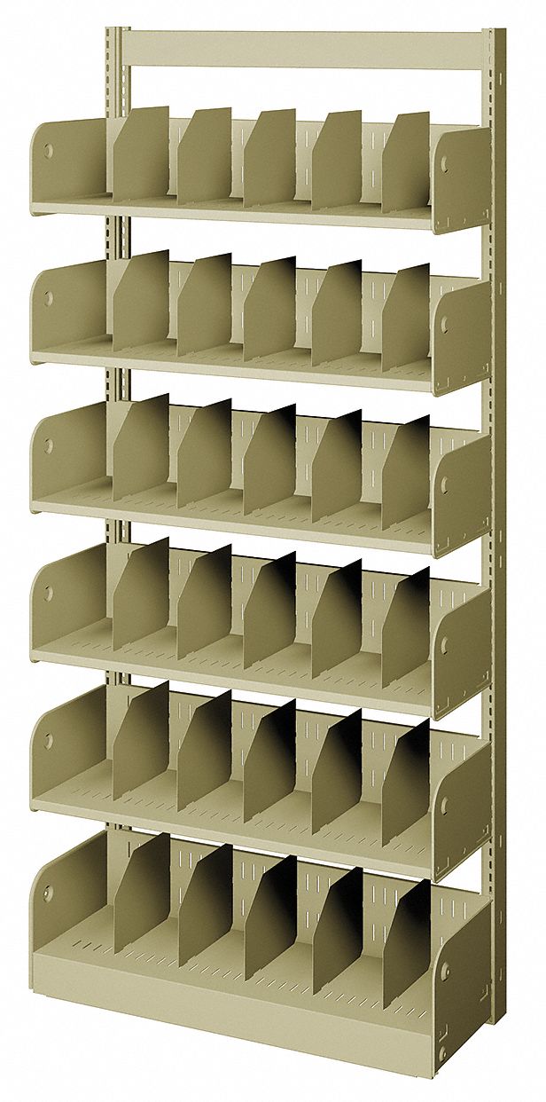Divider Library Shelving: Single Face Starter, 6 Shelves, 78 in Ht, 36 in Wd, 12 in Nominal