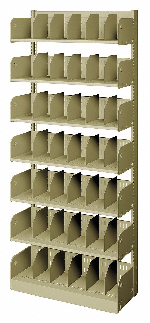 Divider Library Shelving: Single Face Starter, 6 Shelves, 84 in Ht, 36 in Wd, 10 in Nominal