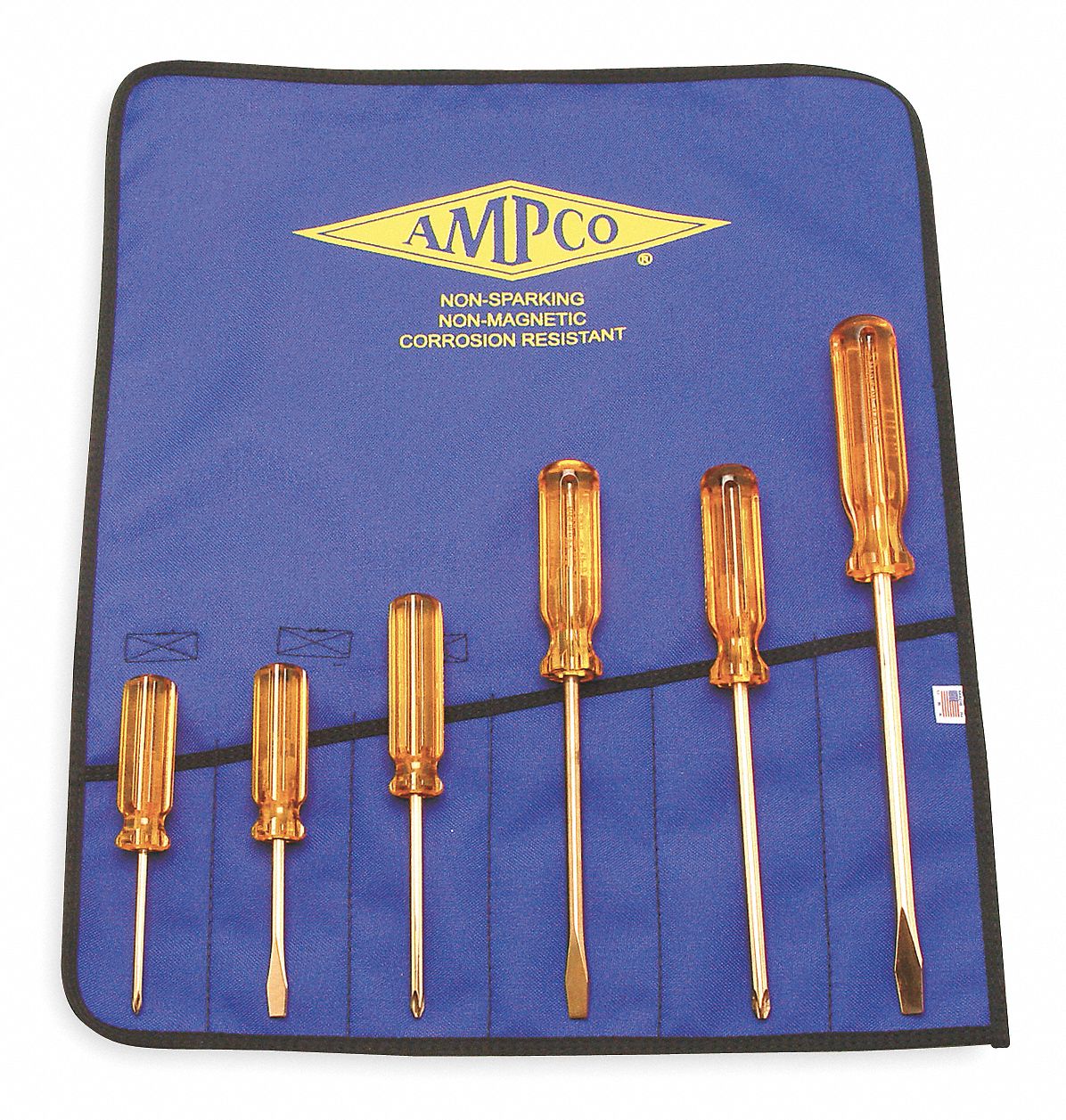 AMPCO Non-Sparking Screwdriver Set: 6 Pieces, Phillips/Slotted Tip,  #1/#2/#3/3/8 in/5/16 in Tip Size