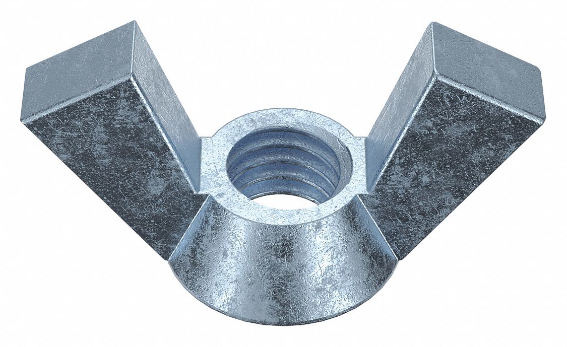 Wing Nut: 3/8"-16 Thread Size, Steel, Low Carbon, Zinc-Plated, 1 7/8 in Max Wing Span, 10 PK