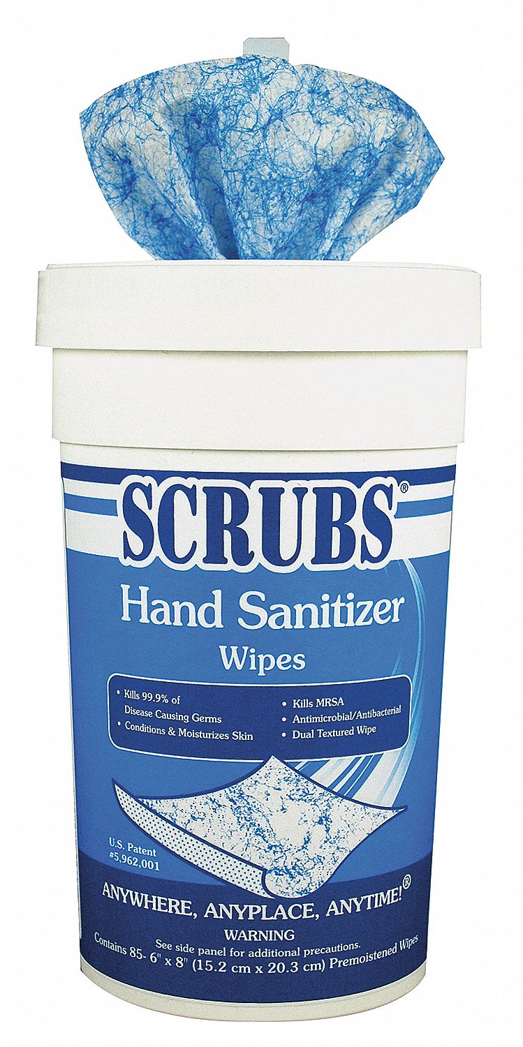 Hand Sanitizer Wipes: Canister, Wipes, 6 in x 8 in Sheet Size, Unscented