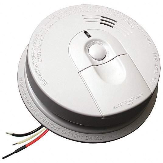 Smoke Alarm: 120V AC/9V, Ionization, Up to 24 Units, 85 dB @ 10 ft, LED Visual Alert, Front