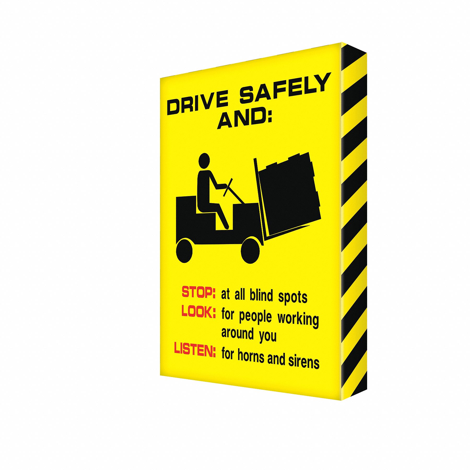 FORKLIFT VISUAL EDGE SAFETY SIGN, ALUMINUM, 18 IN WIDTH, 24 IN HEIGHT, YELLOW, WITH MOUNTING HOLES