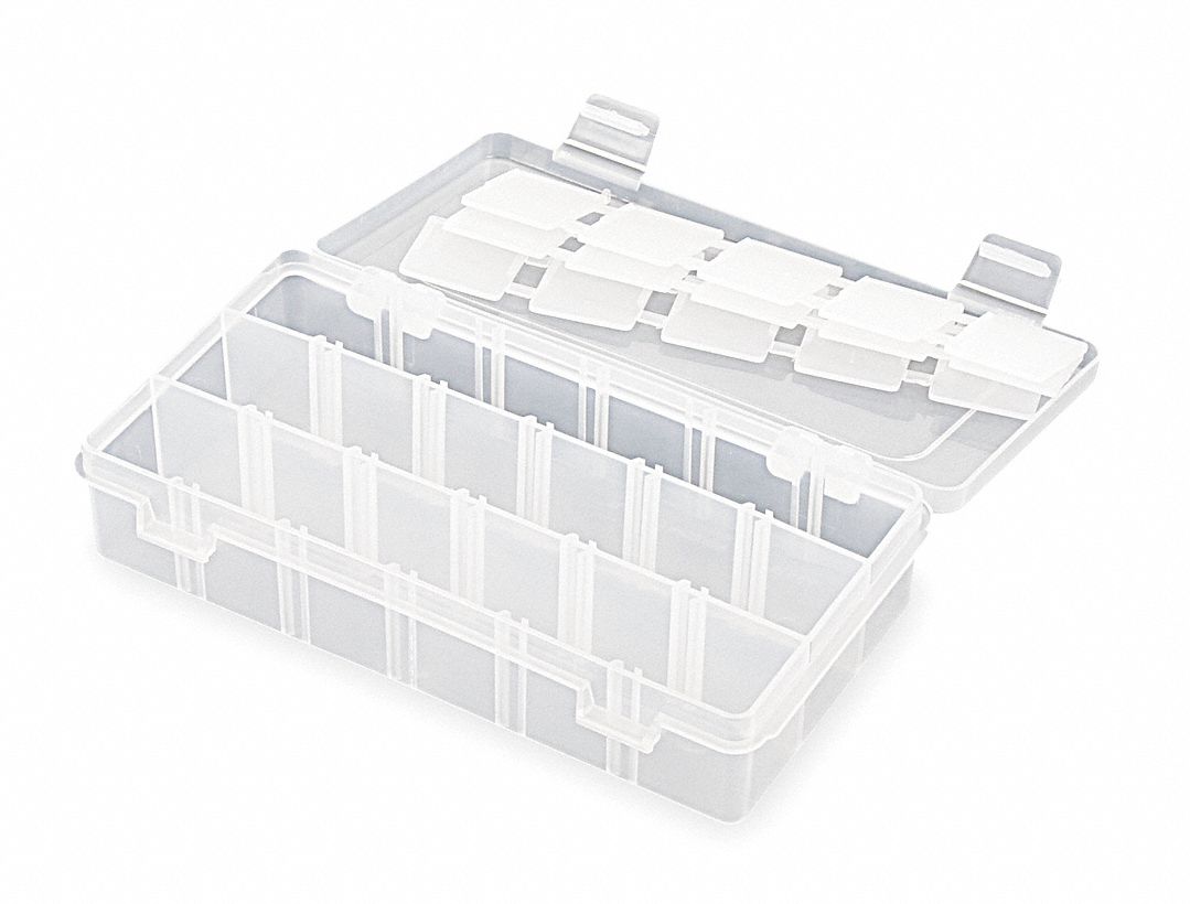ADJUSTABLE COMPARTMENT BOX, 4⅛ IN X 7 IN X 1½ IN, CLEAR, 18 COMPARTMENTS, LATCH