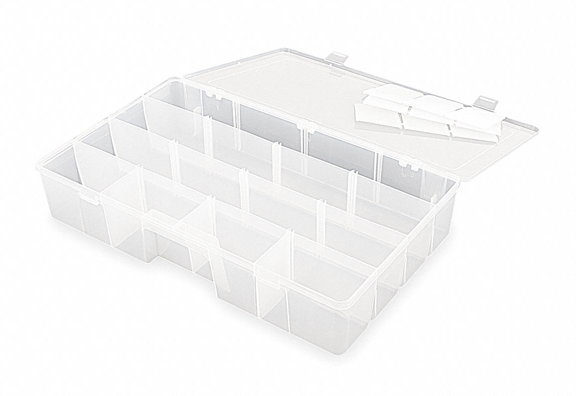 ADJUSTABLE COMPARTMENT BOX, 9¾ IN X 16½ IN X 3¼ IN, CLEAR, 15 COMPARTMENTS