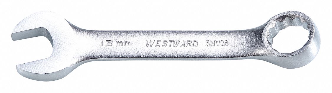 Combination Wrench: Alloy Steel, Satin, 13 mm Head Size, 4 1/4 in Overall Lg, Offset