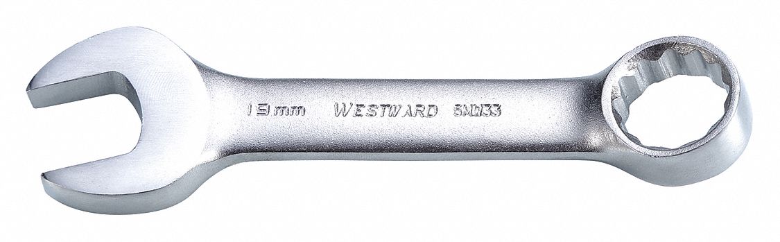 Combination Wrench: Alloy Steel, Satin, 19 mm Head Size, 5 3/8 in Overall Lg, Offset