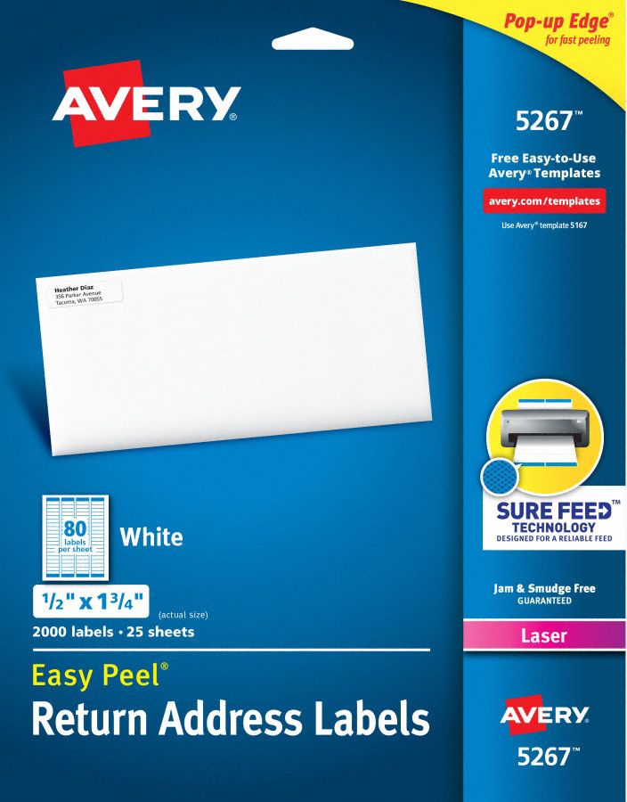 Laser Label: 5267, White, 1/2 in Label Ht, 1 3/4 in Label Wd, 2, 000 Labels, 2, 000 PK