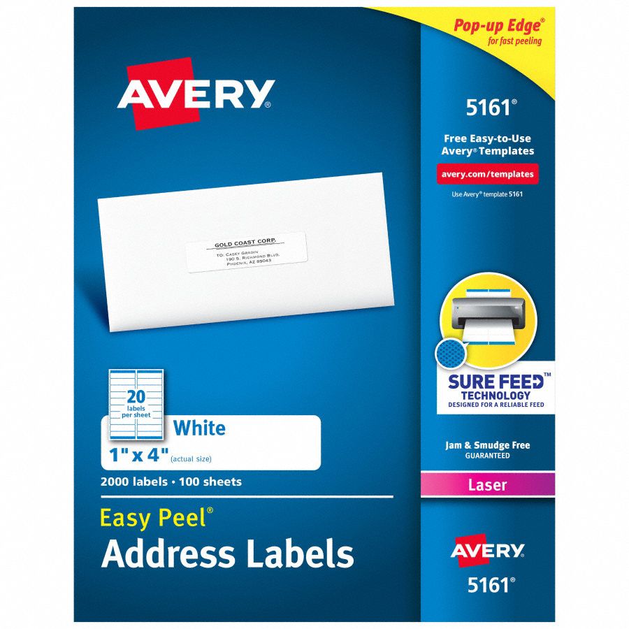 Laser Label: 5161, White, 1 in Label Ht, 4 in Label Wd, 2, 000 Labels, 2, 000 PK