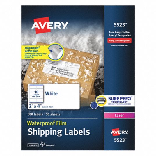 1pack Avery 727825523 Avery Weatherproof Mailing Labels with TrueBlock Technology for Laser Printers 5523, 2 inch x 4 inch, Box of 500, Size: 2 in