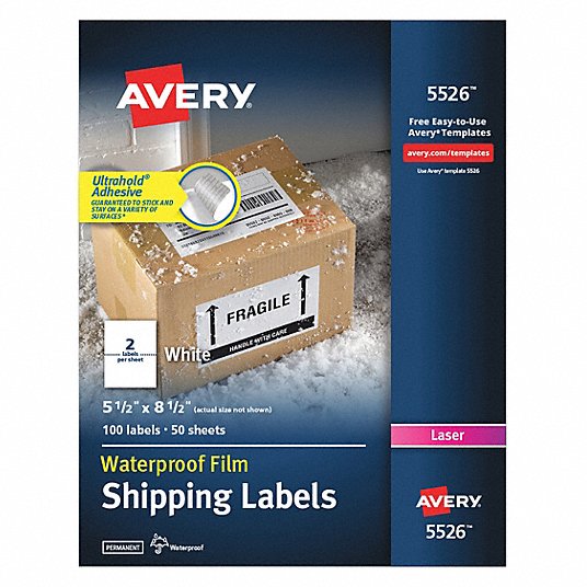 AVERY Laser Label 5,526 Avery Template , White, 5 1/2 in Label Ht, 8