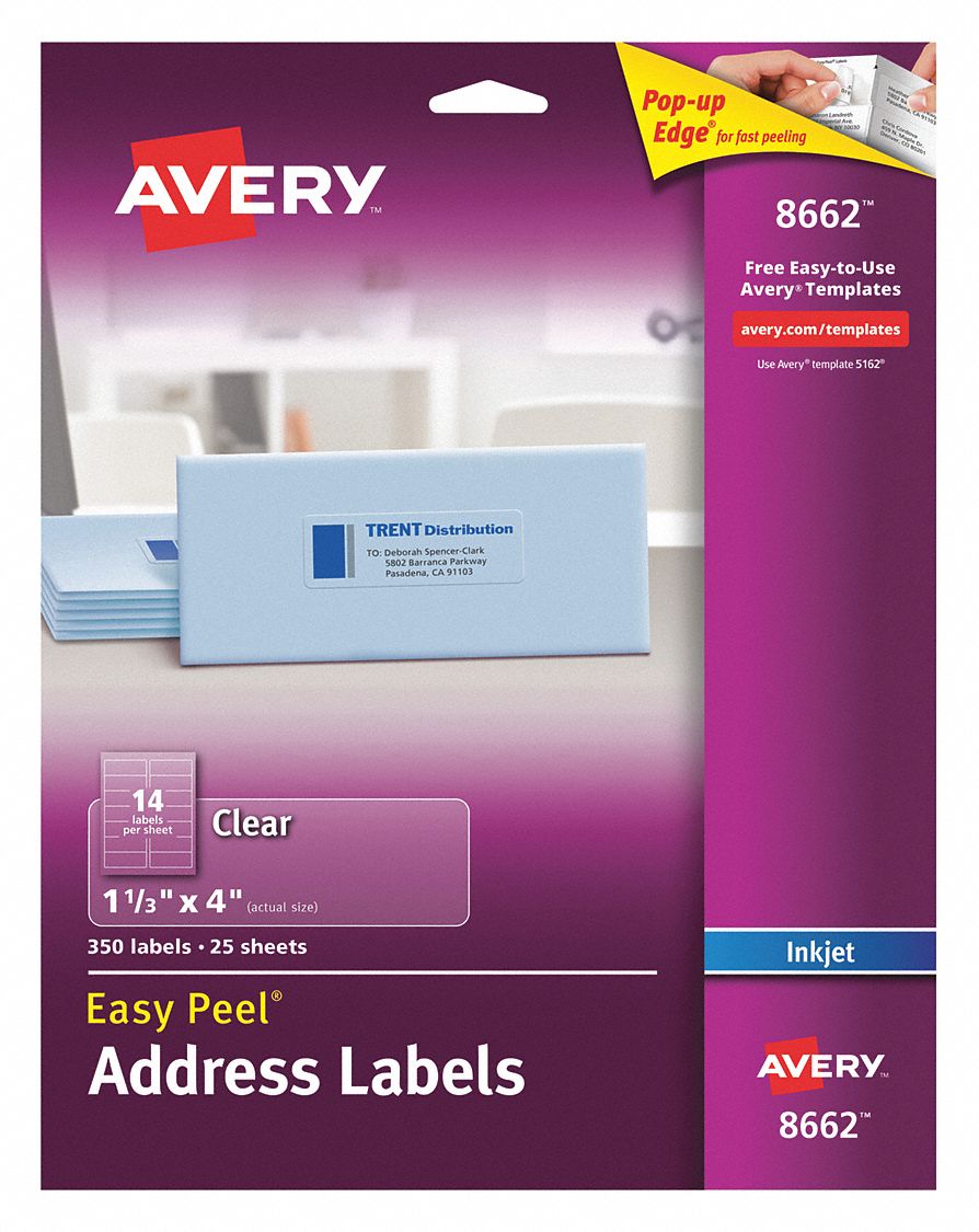 AVERY, 8662, Clear, Inkjet Label - 5NHK4|727828662 - Grainger
