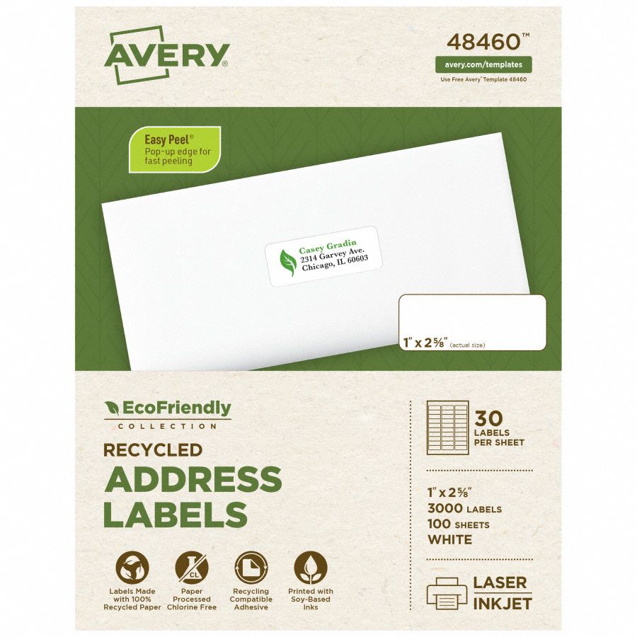 Laser/Inkjet Label: 48460, White, 1 in Label Ht, 2 5/8 in Label Wd, 3, 000 Labels, 3, 000 PK