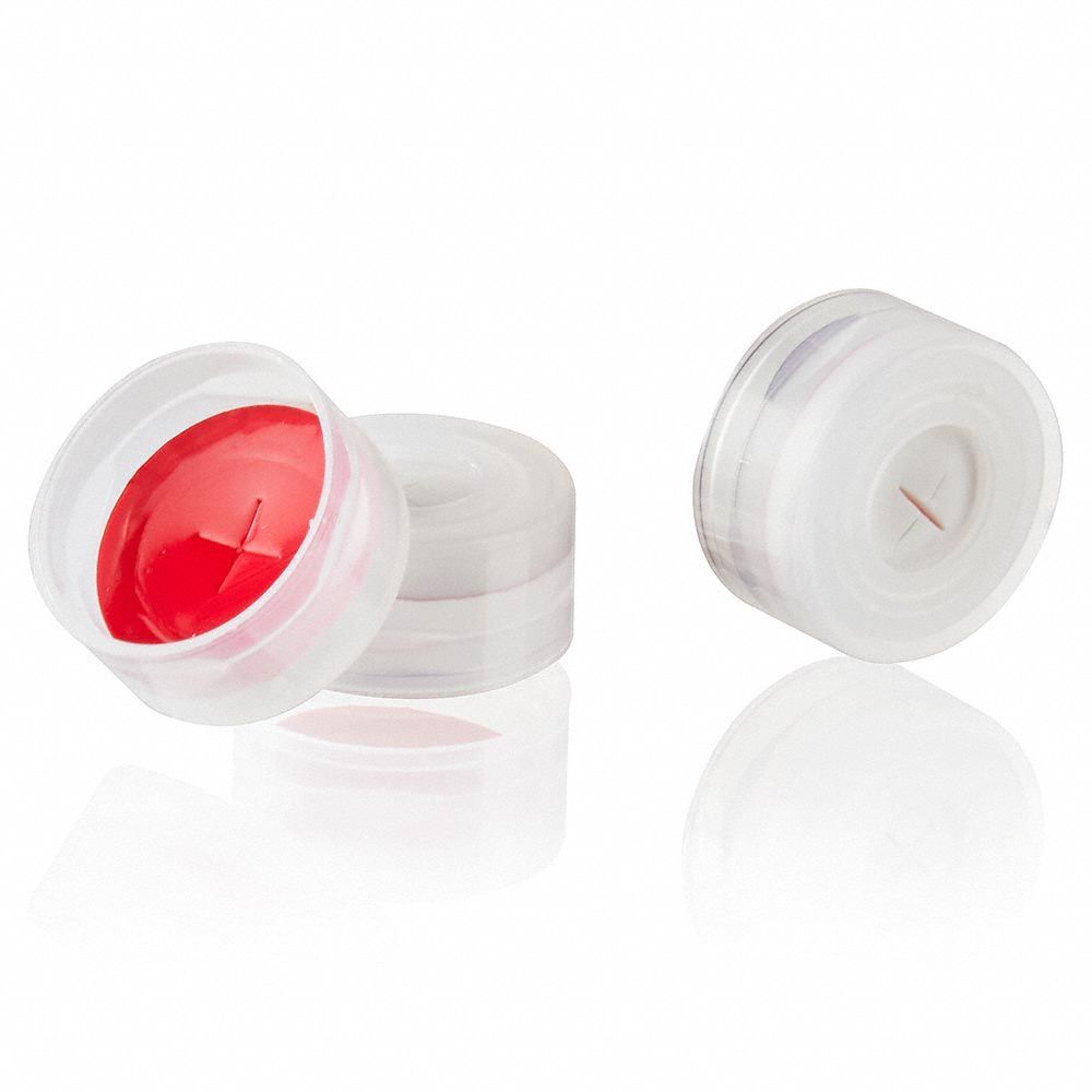 Lab Bottle Caps: 11 mm Dia, Colorless, Polyethylene, PTFE, Septa Included, Colored (MPN 9020002CAP-SR-NR-S). Key specifications — Closure Type: Snap-On; Clarity: Colored; Product Type: Cap; Septa Included: Yes; Vented: No; Brand: GLOBE SCIENTIFIC; Closure Color: Colorless; Closure Liner Material: PTFE.