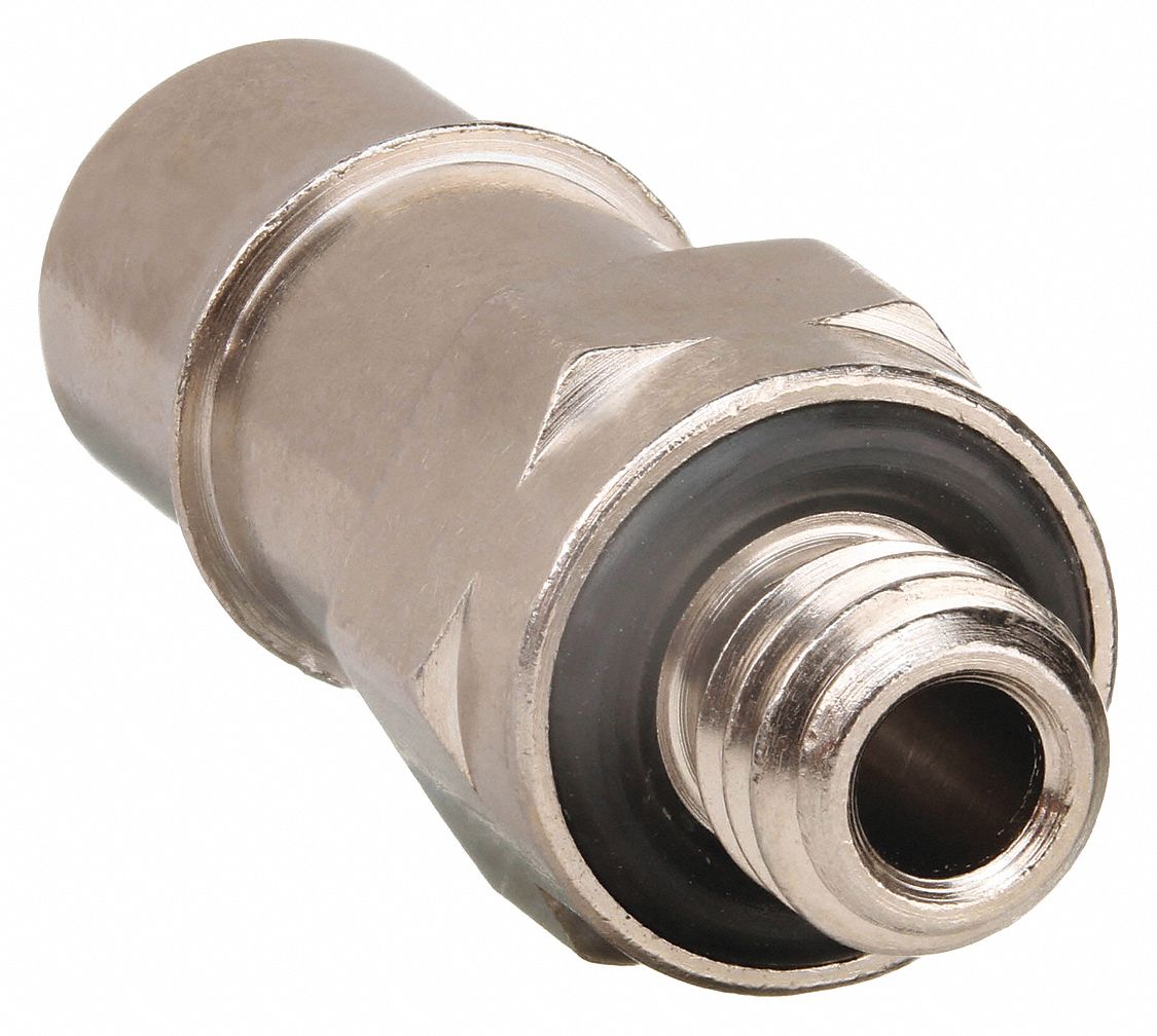 Barbed Fitting Adapter: 1/4 in ID Size, Barbed x UNF, Brass, 27/32 in Overall Lg