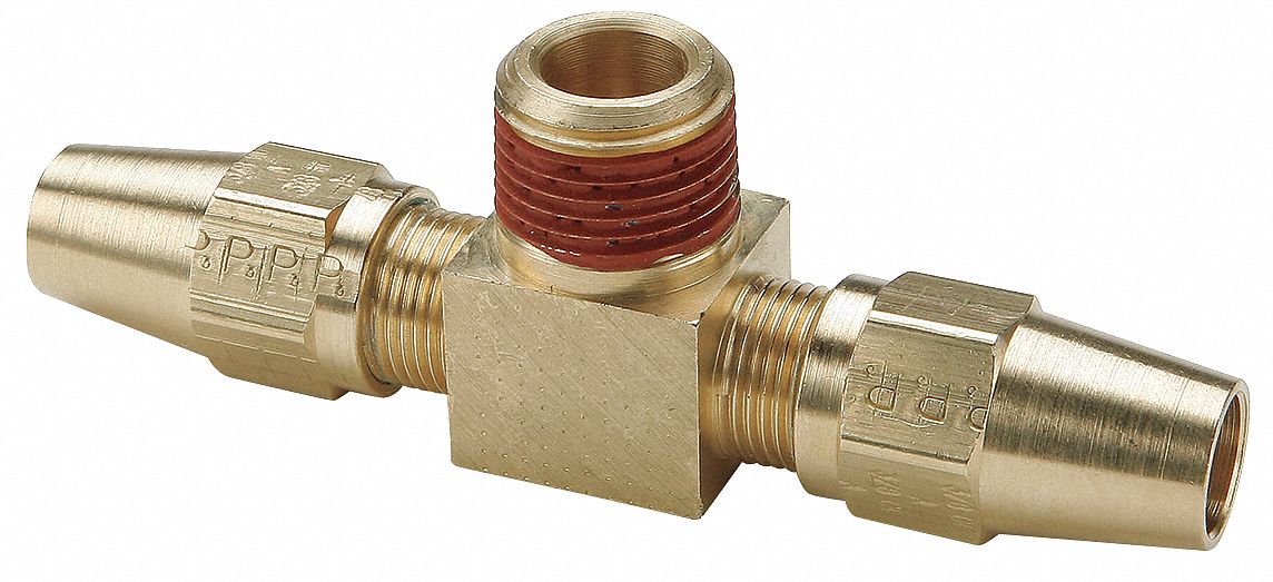 Compression Tee Fitting: 3/8 in OD x 1/4 in Pipe x 3/8 in OD Fitting Size, Brass, 10 PK