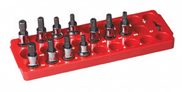 Hex/Torx Socket Bit Tray: Red, 5/8 in Overall Wd, 9 3/16 in Overall Ht, 23 Posts/Slots