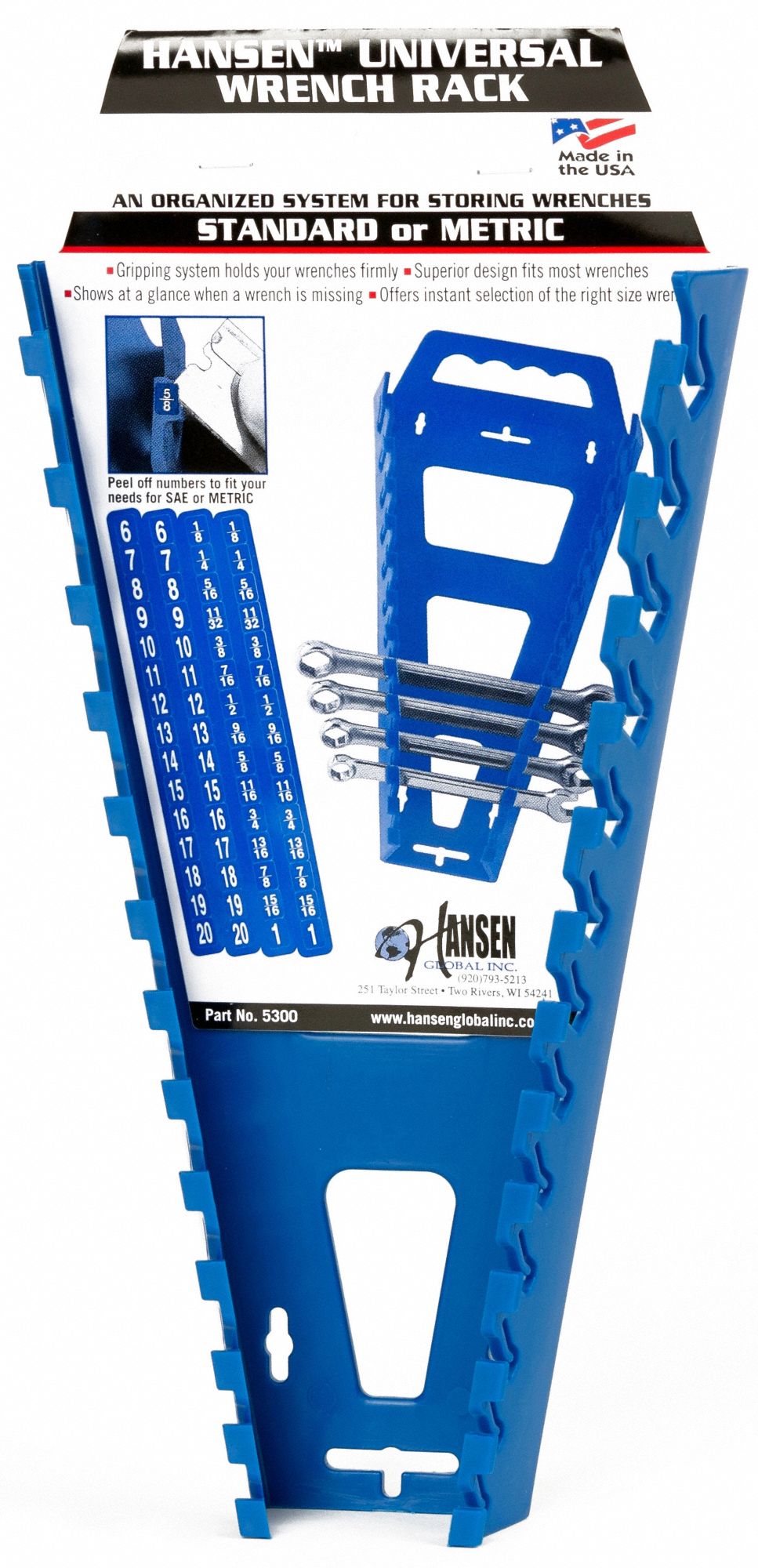 Wrench Rack: Blue, 6 1/2 in Overall Wd, 1 1/2 in Overall Ht, 12 1/4 in Overall Lg, Plastic