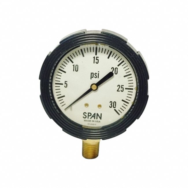 Industrial Pressure Gauge: 0 psi / Hg to 30 psi, 2 1/2 in Dial, 1/4 in NPT Male, Bottom, Nylon