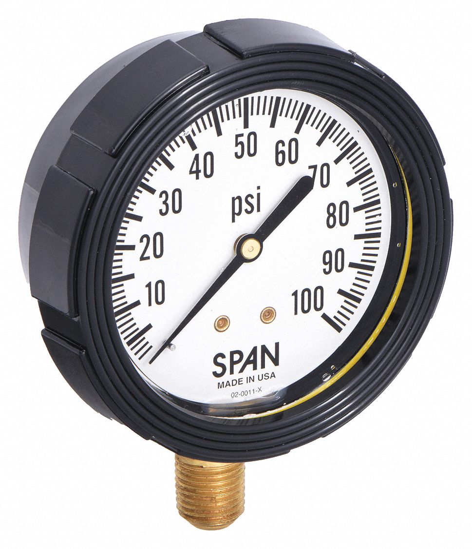 Pressure Gauge with Internal Seal: 0 psi to 100 psi, LFS-210, 2 1/2 in Dial, Buna-N, Brass, 4
