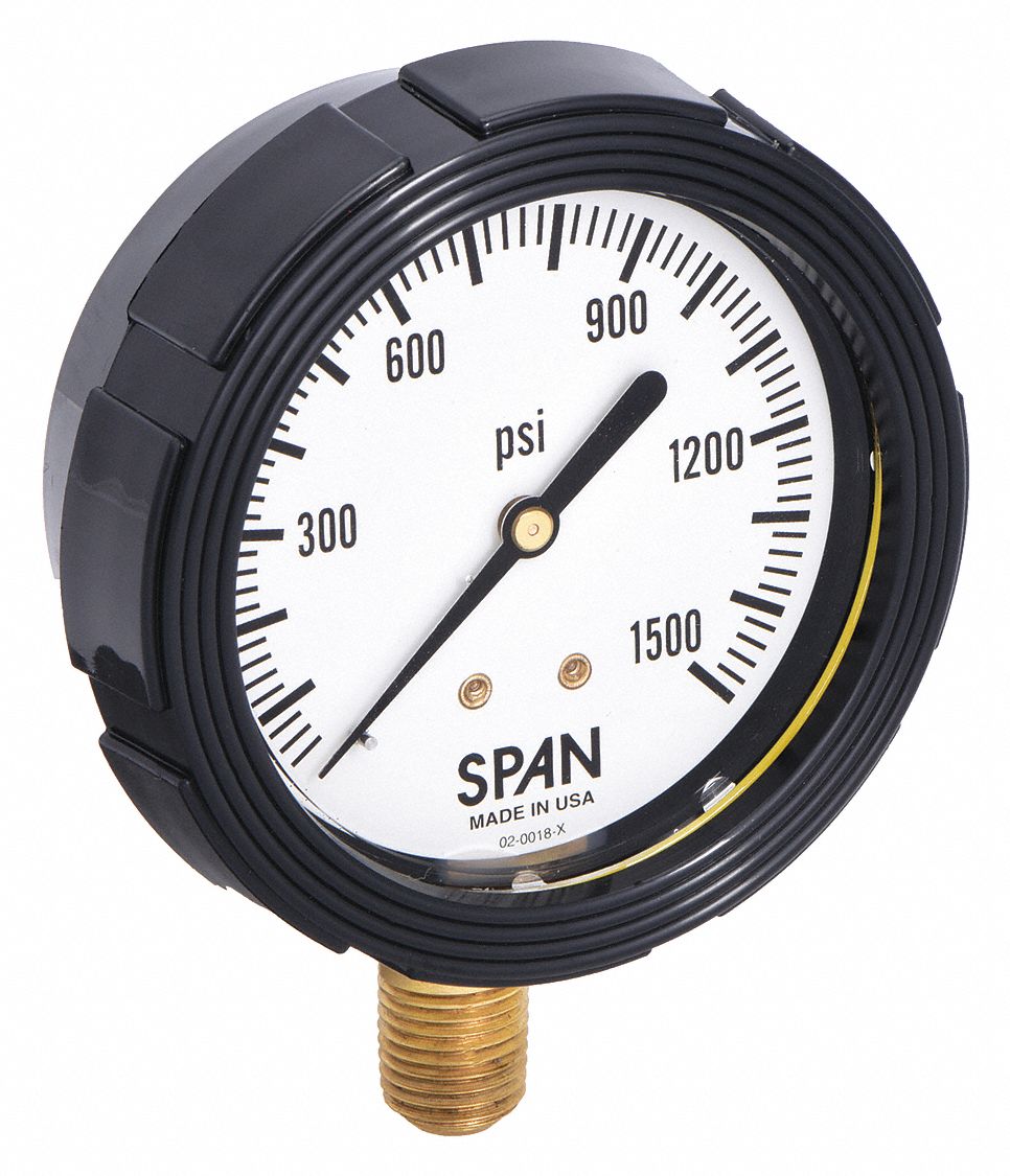 Pressure Gauge with Internal Seal: 0 psi to 1, 500 psi, LFS-210, 2 1/2 in Dial, Buna-N, Brass, 4