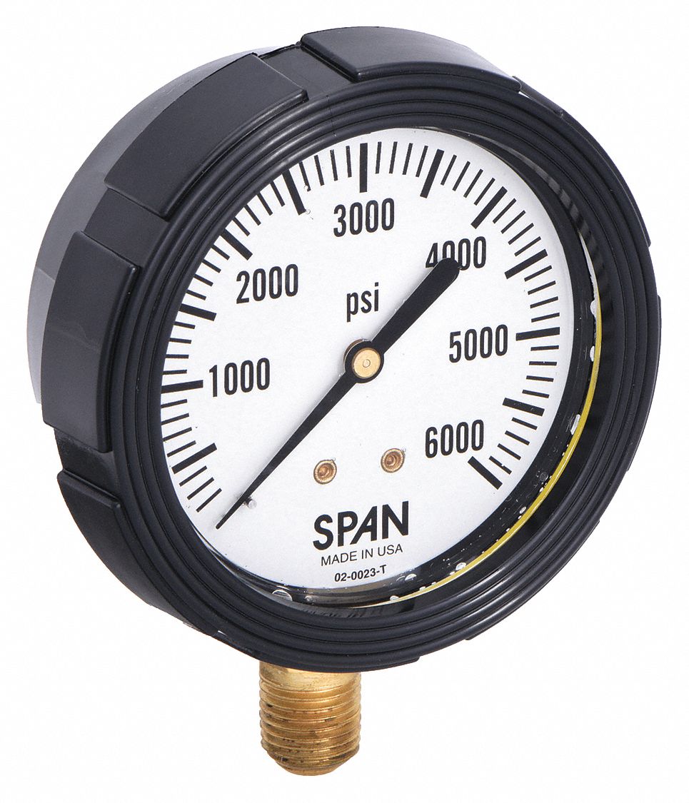 Pressure Gauge with Internal Seal: 0 psi to 2, 000 psi, LFS-210, 2 1/2 in Dial, Buna-N, Brass, 4