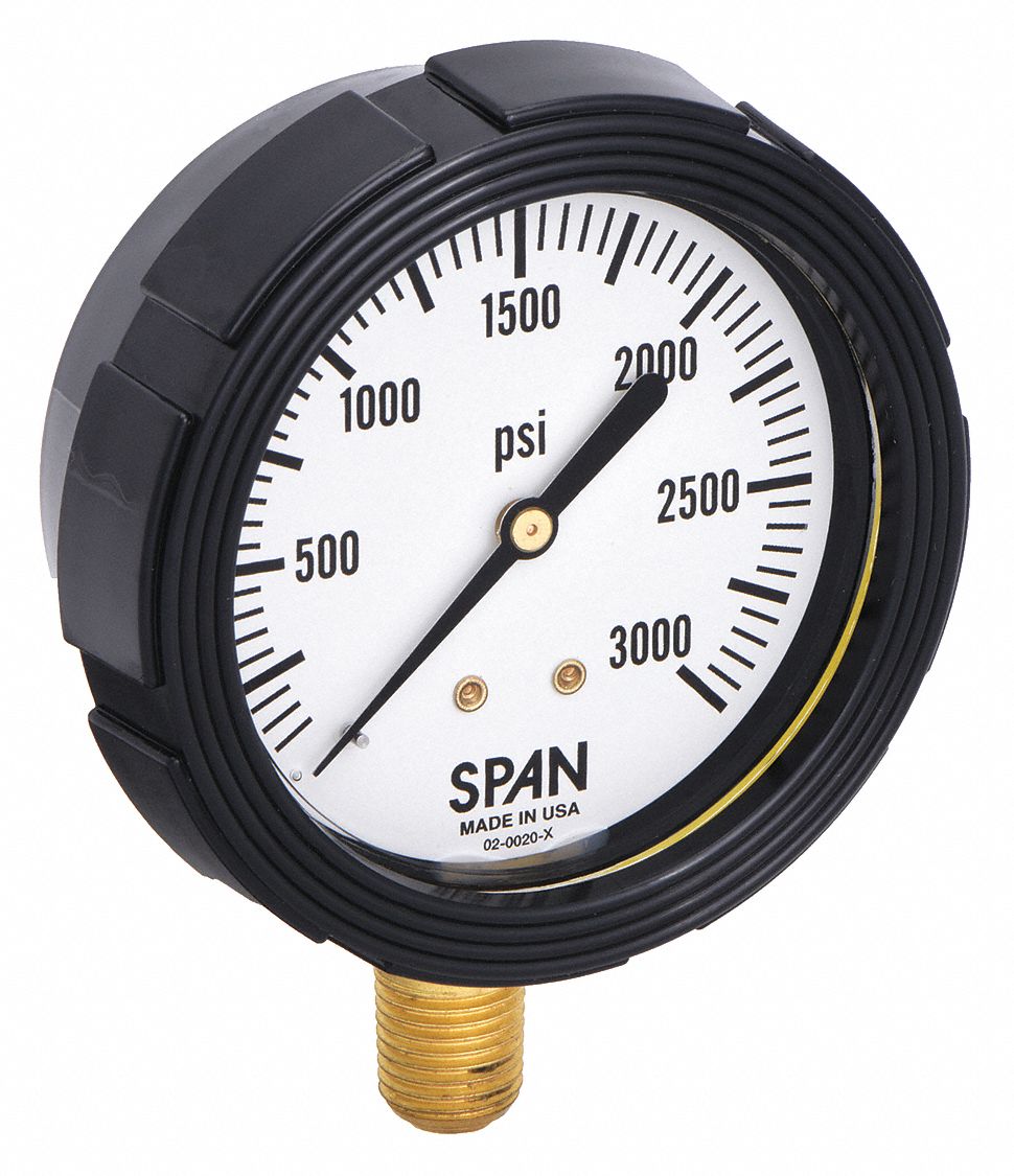 Pressure Gauge with Internal Seal: 0 psi to 3, 000 psi, LFS-210, 2 1/2 in Dial, Buna-N, Brass, 4