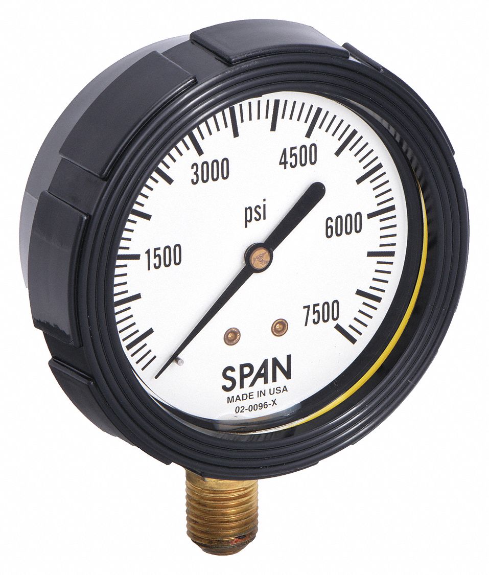 Pressure Gauge with Internal Seal: 0 psi to 7, 500 psi, LFS-210, 2 1/2 in Dial, Buna-N, Brass, 4