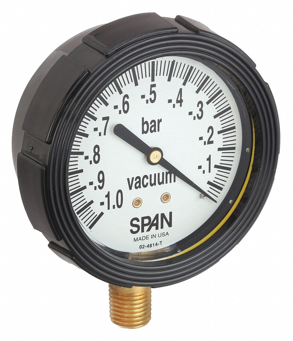 Industrial Vacuum Gauge: -1 bar / Hg to 0 bar, 2 1/2 in Dial, 1/4 in NPT Male, Bottom, Nylon, 4