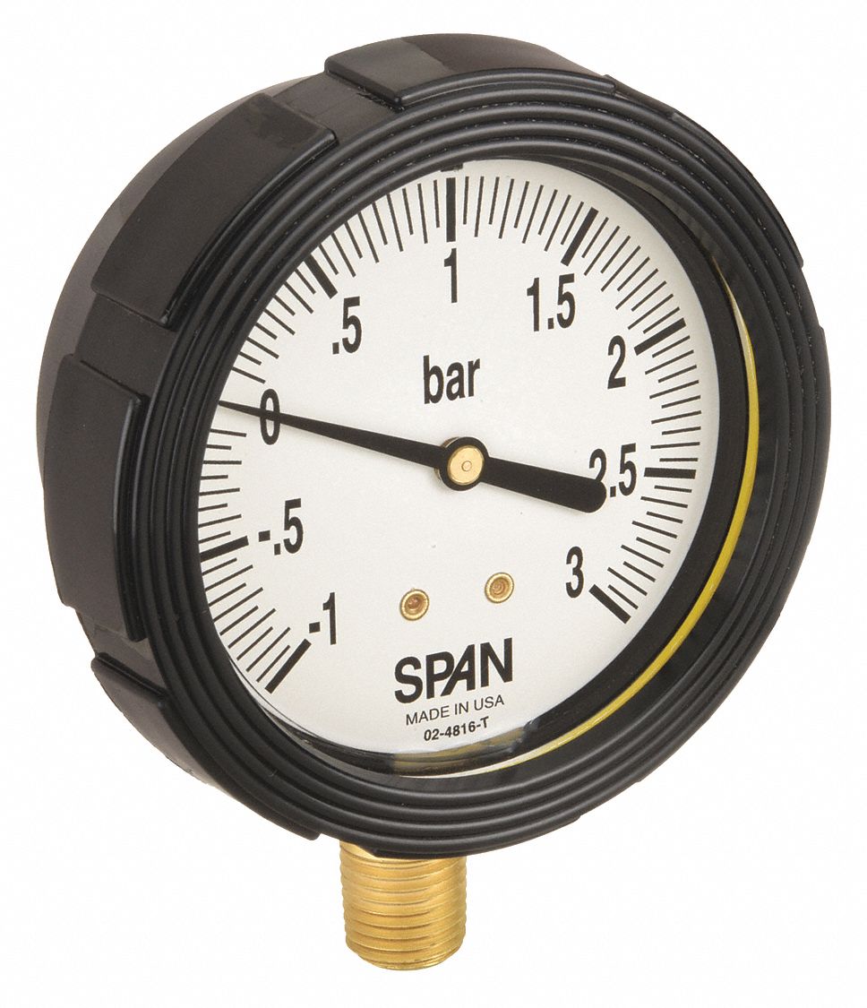 Industrial Compound Gauge: 1 bar to 0 bar / Hg to 2 bar, 2 1/2 in Dial, 1/4 in NPT Male, Bottom