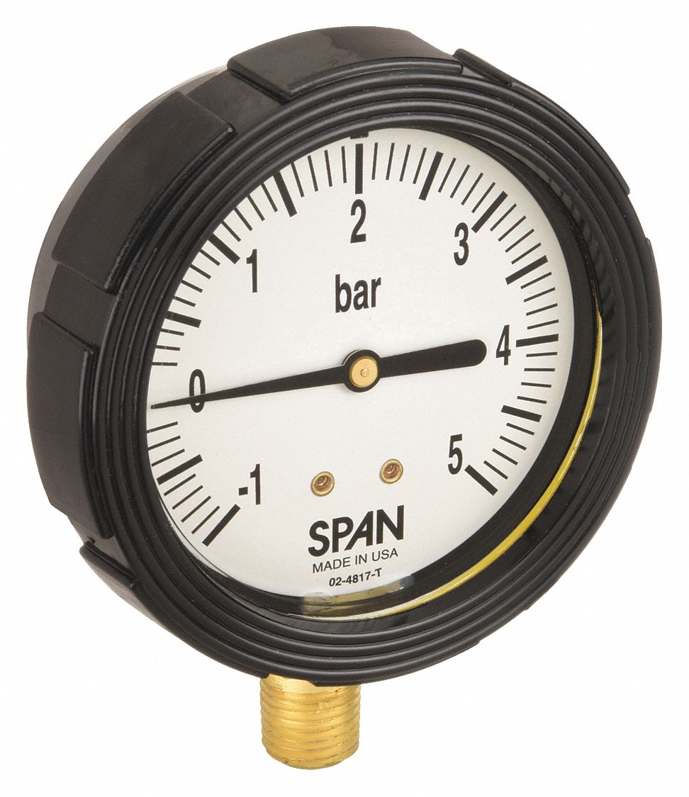 Industrial Compound Gauge: 1 bar to 0 bar / Hg to 2 bar, 2 1/2 in Dial, 1/4 in NPT Male, Bottom