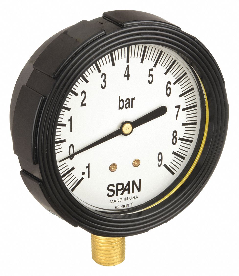 Industrial Compound Gauge: 1 bar to 0 bar / Hg to 2 bar, 2 1/2 in Dial, 1/4 in NPT Male, Bottom