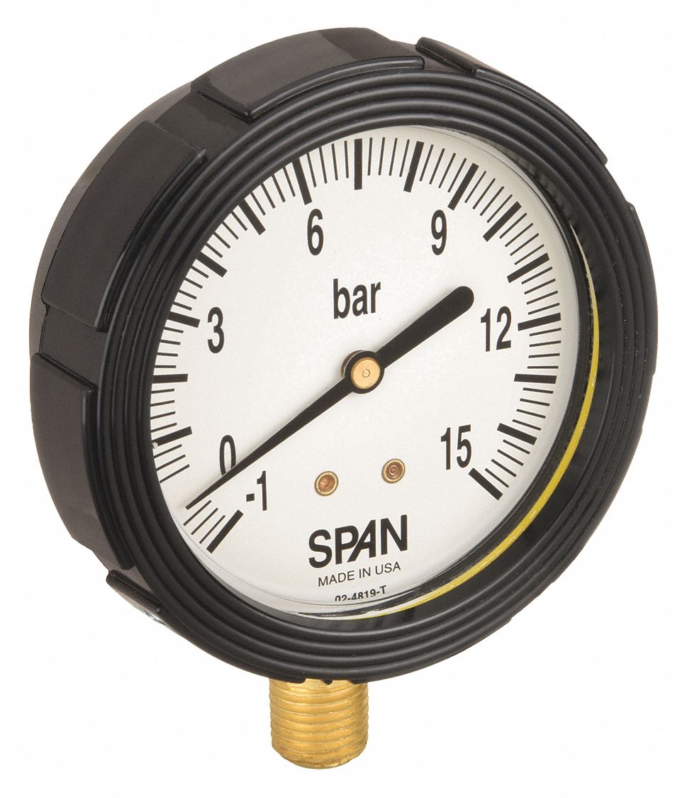 Industrial Compound Gauge: 1 bar to 0 bar / Hg to 2 bar, 2 1/2 in Dial, 1/4 in NPT Male, Bottom