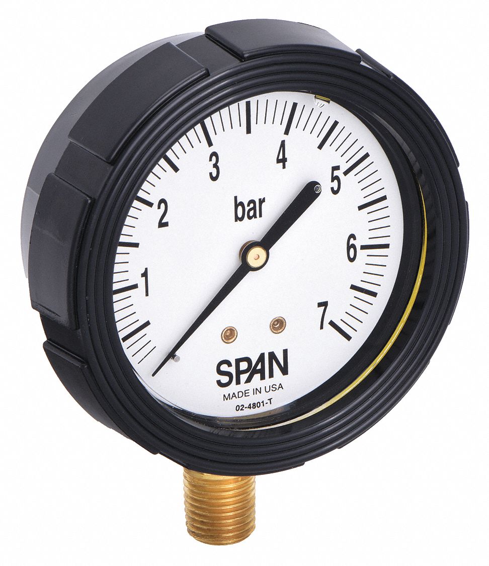 Industrial Pressure Gauge: 0 bar / Hg to 7 bar, 2 1/2 in Dial, 1/4 in NPT Male, Bottom, Nylon