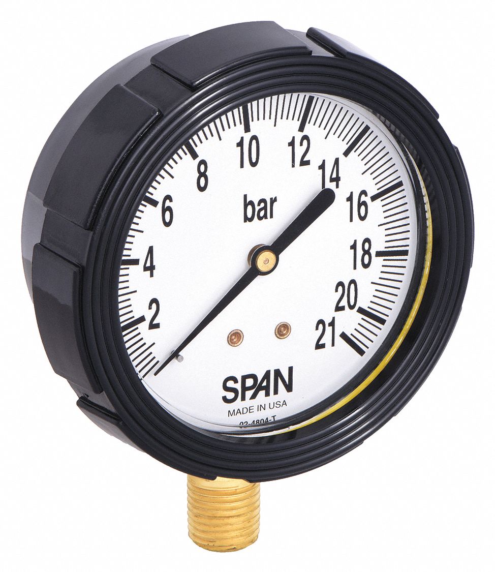 Industrial Pressure Gauge: 0 bar / Hg to 21 bar, 2 1/2 in Dial, 1/4 in NPT Male, Bottom, Nylon