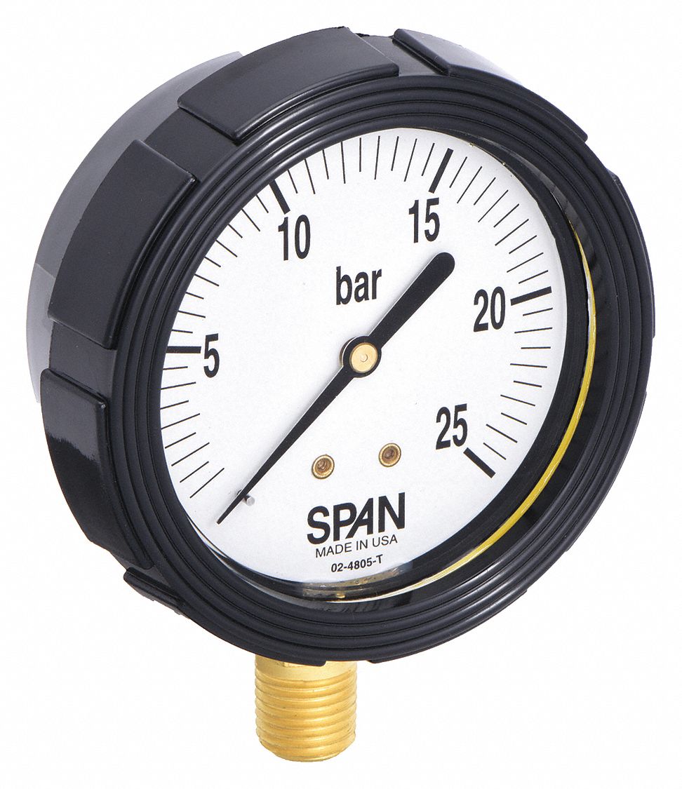 Industrial Pressure Gauge: 0 bar / Hg to 25 bar, 2 1/2 in Dial, 1/4 in NPT Male, Bottom, Nylon